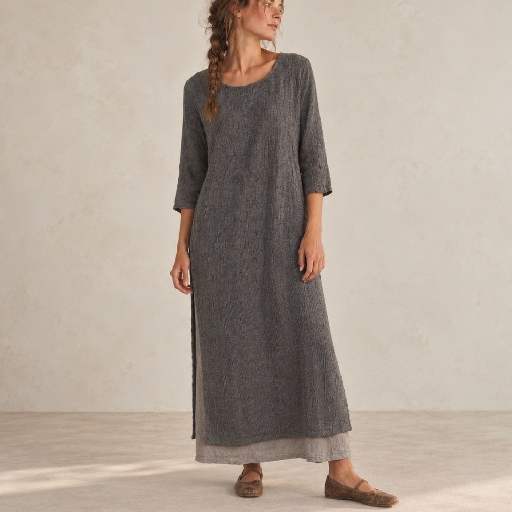 Vintage Linen Tunic Maxi Dress Layered Hem Medium Gray Lagenlook Academia Earthy